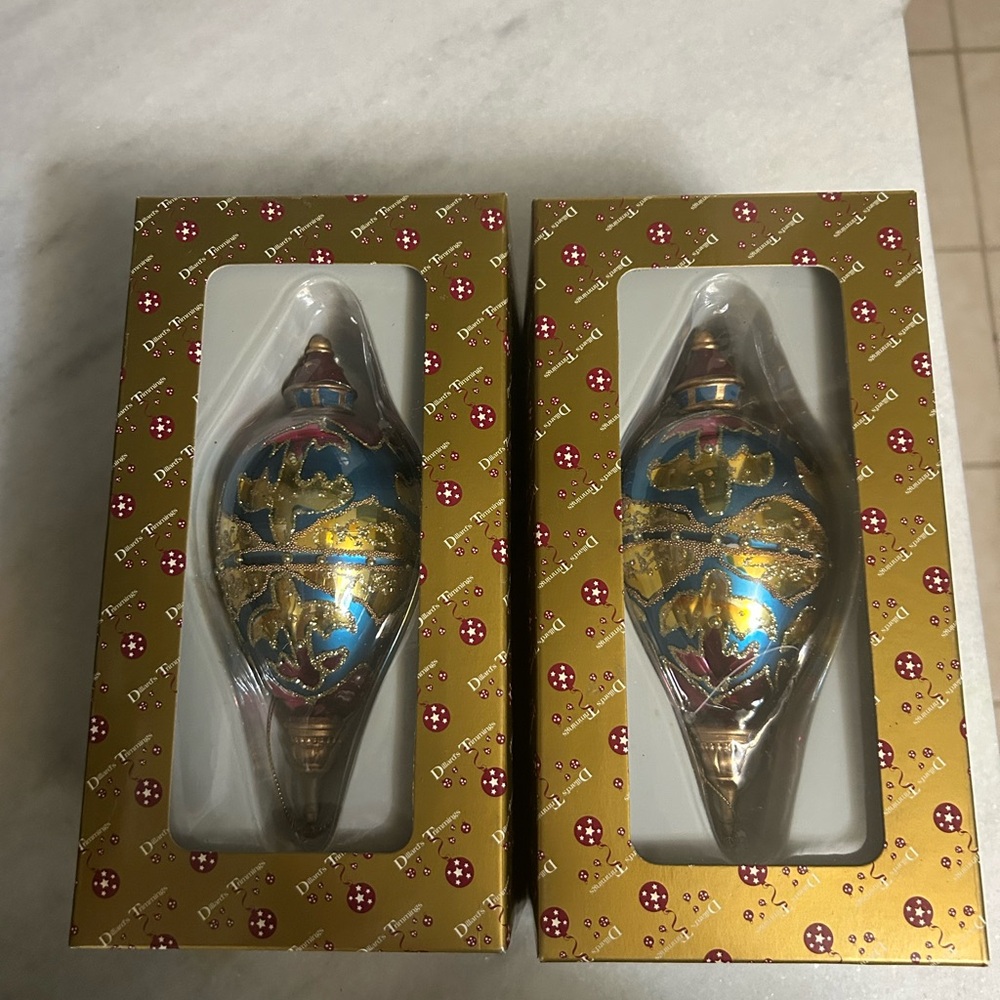 2 Vintage Dillards Trimming Blown Gilded Glass Tear Drop Finale  Ornaments